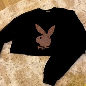 Cut off gucci print playboy fleece crew neck